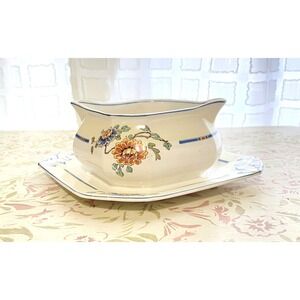 Vintage WH Grindley Sheraton Ivory Gravy Boat Attached Underplate Floral England